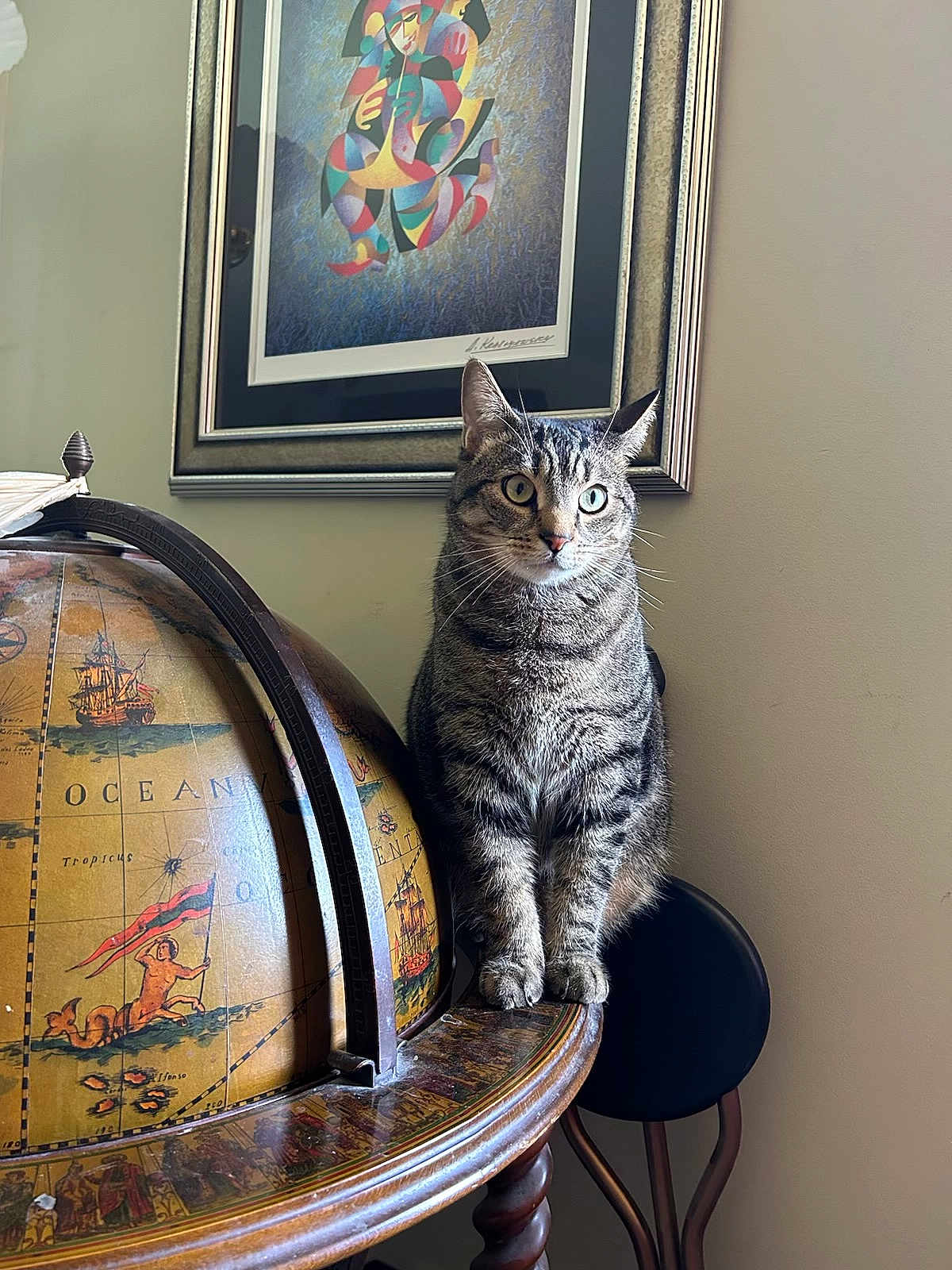 Henry Etches is registered to the contest to win money with this photo: cat, tabby_cat, feline, pet, sitting, whiskers, indoor, globe, vintage_globe, framed_art, painting, chair, stool, wood_table, map, curious, striped_fur, portrait, home_decor, domestic_animal