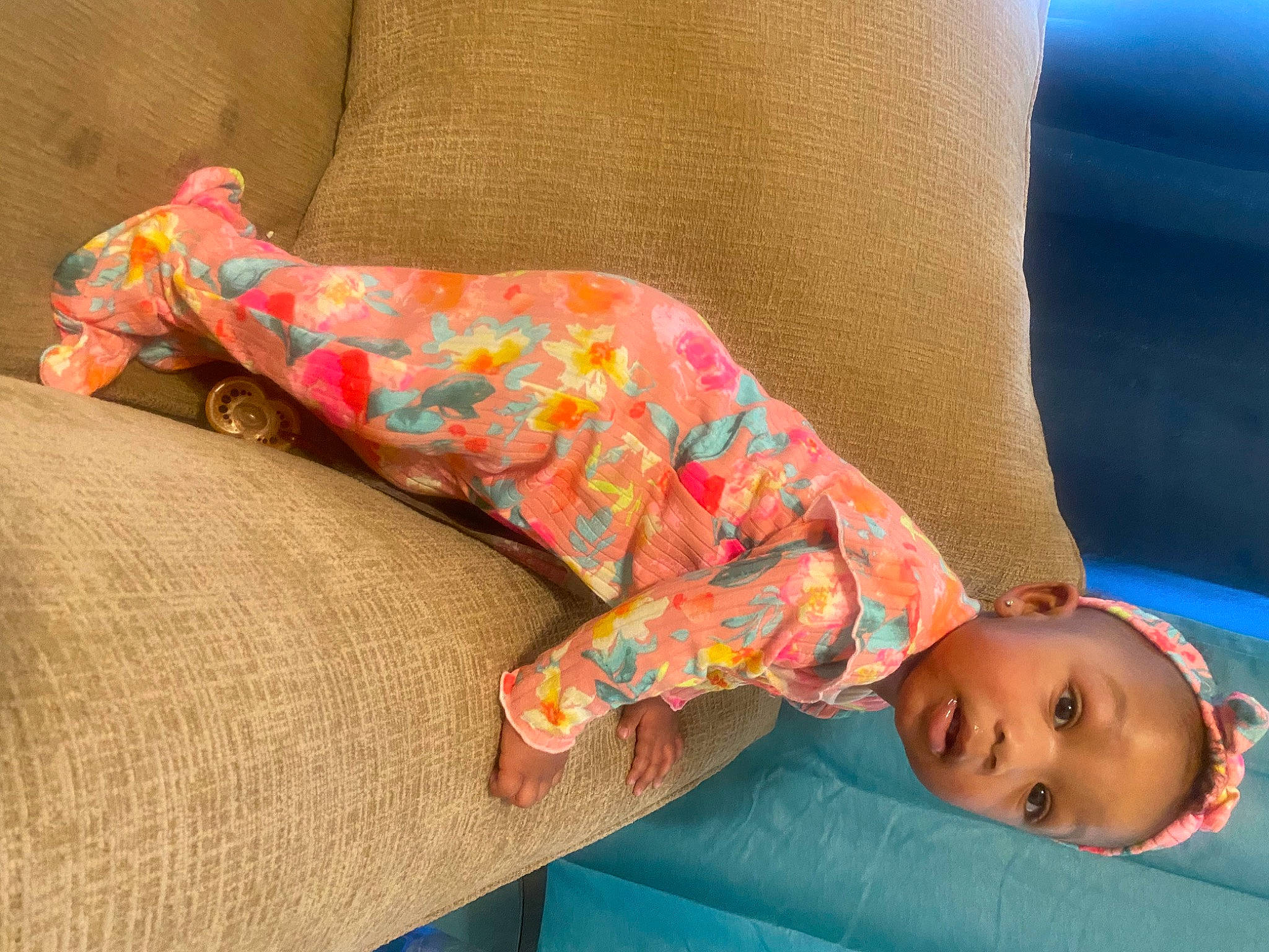 Kirah joined the competition — help win amazing prizes! baby_toddler_clothing, child, comfort, couch, elbow, finger, flooring, foot, human_leg, joint, knee, leg, linens, pattern, person, skin, sleeve, sock, textile, thigh