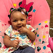 Kulture is registered to the contest to win money with this photo: baby, carpet, child, clothing, colorful, cute, hair_clips, heart, indoor, infant, minnie_mouse, pattern, person, pink, playful, polka_dot, seat, sitting, smiling, star