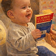 Haden participe au concours pour gagner de l'argent avec cette photo : child, baby, toddler, face, smiling, book, dictionary, reading, hands, seated, chair, indoor, cozy, clothing, pants, baby_chair, painted_effect, patterned_background, adult_hand, mobile_ui