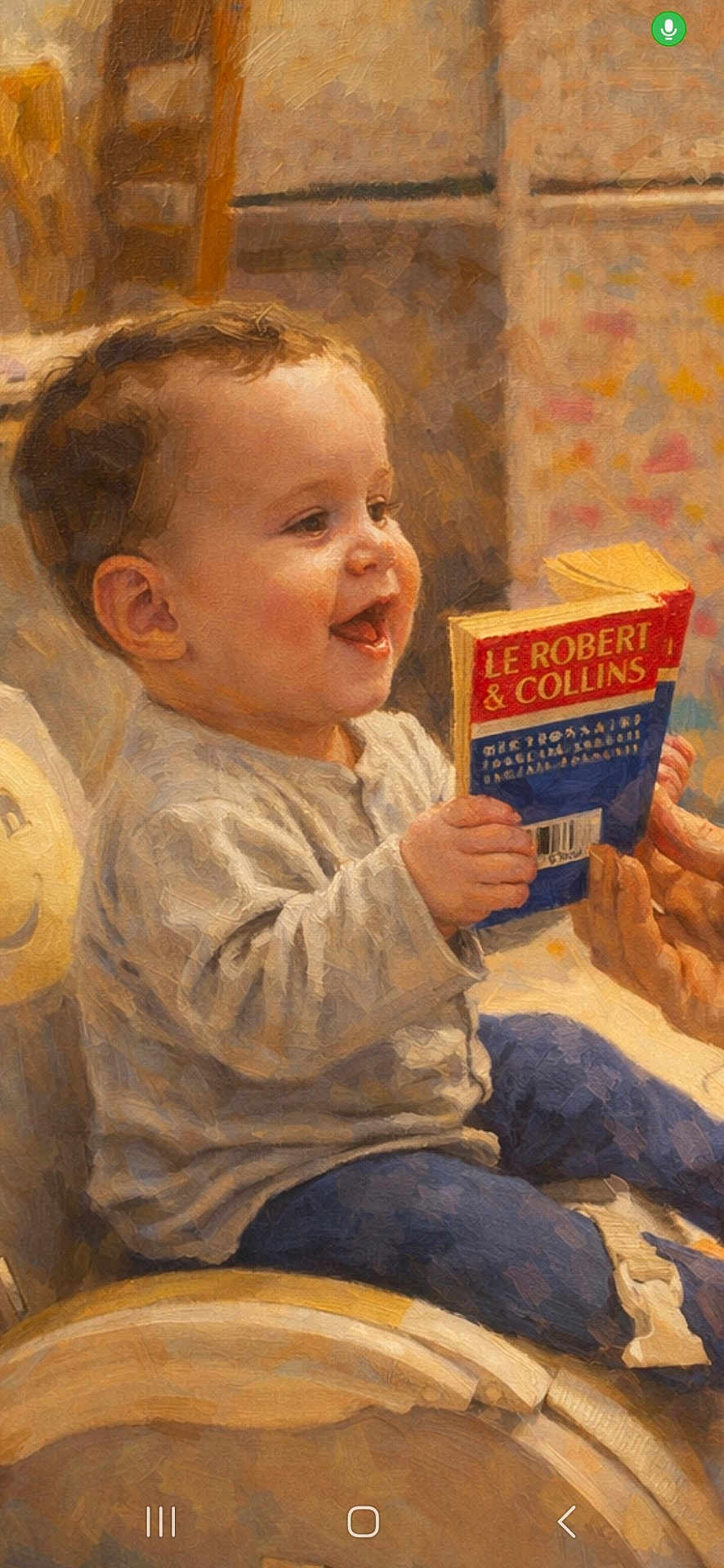 Haden participe au concours pour gagner de l'argent avec cette photo : child, baby, toddler, face, smiling, book, dictionary, reading, hands, seated, chair, indoor, cozy, clothing, pants, baby_chair, painted_effect, patterned_background, adult_hand, mobile_ui