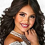 Camila joined the competition — help win amazing prizes! girl, child, smiling, portrait, curly_hair, long_hair, makeup, eyelashes, white_background, face, hand, shoulder, fashion, sequined_clothing, happy, young, female, beauty, skin, glowing