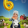 balloon, barn, celebration, chicken, child, cow, farm, festive, fireworks, flowers, grass, hat, number_six, outdoor, pig, scarf, sheep, smiling, toddler, toy_horse