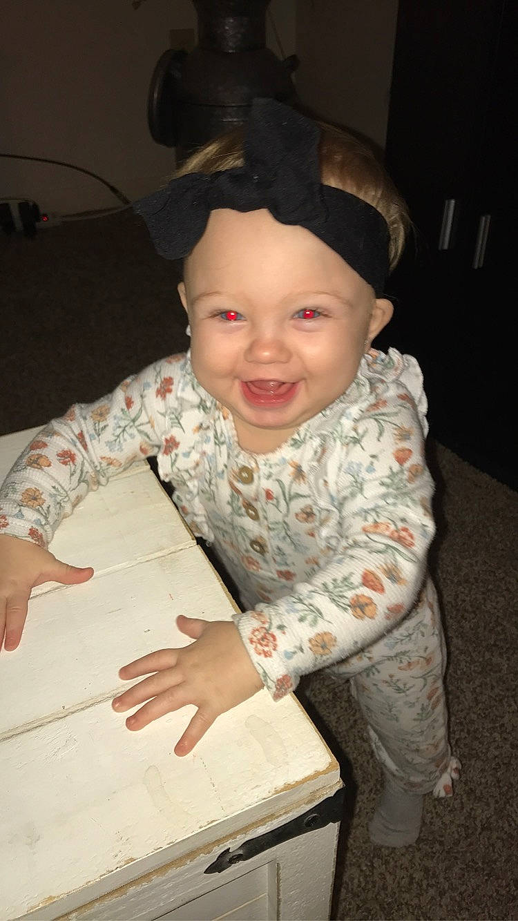 Bryleigh is registered to the contest to win money with this photo: baby, baby_laughing, baby_toddler_clothing, costume, costume_accessory, hand, headband, headwear, joy, laugh, mouth, person, toddler