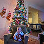 baby, child, armchair, christmas_tree, christmas_lights, stockings, holiday_decorations, indoor, carpet, smiling, festive, holiday, toddler, furniture, wall, toy, table, home, person, cozy