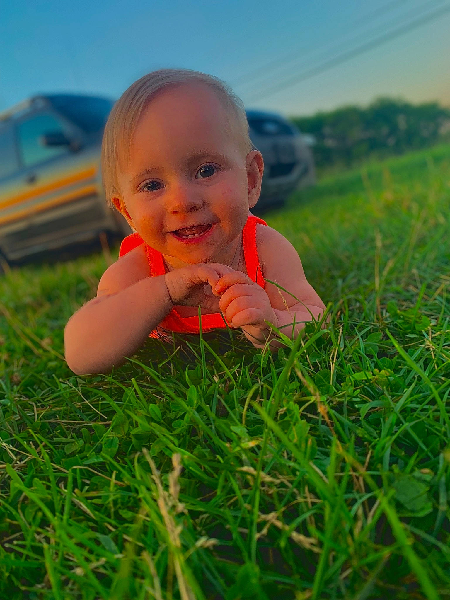 Adaline joined the competition — help win amazing prizes! baby, baby_toddler_clothing, eye, flash_photography, fun, grass, grassland, happy, iris, joy, leisure, meadow, people_in_nature, person, plant, skin, sky, smile, sunlight, toddler
