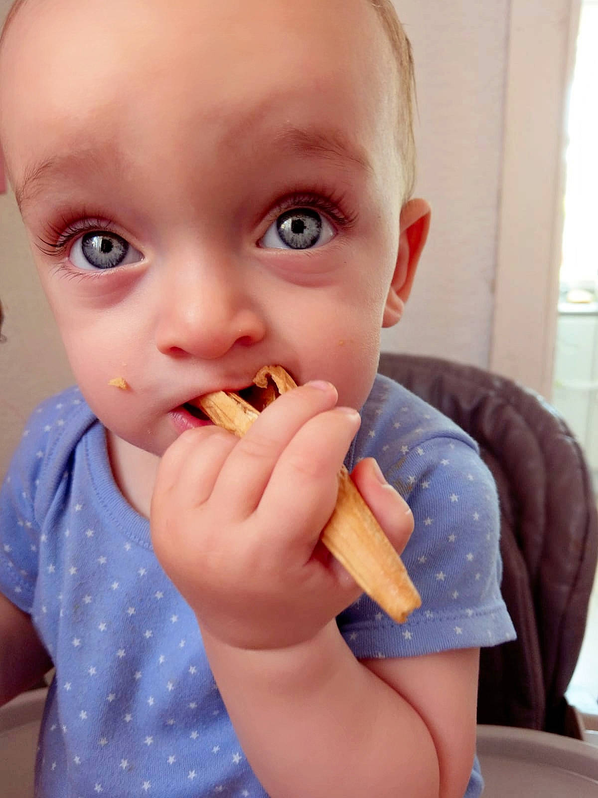 Leo is registered to the contest to win money with this photo: baby, baby_playing_with_food, baby_toddler_clothing, biting, cheek, chin, clothing, ear, finger, food, food_craving, gesture, jaw, lip, mouth, nail, neck, nose, person, skin