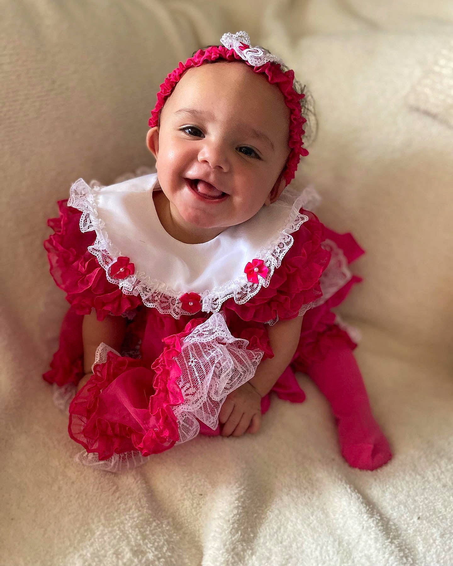 Evalee joined the competition — help win amazing prizes! baby, baby_toddler_clothing, child, dress, embellishment, eye, face, fashion_accessory, flash_photography, hair_accessory, happy, headband, joy, lip, magenta, pattern, person, pink, skin, sleeve
