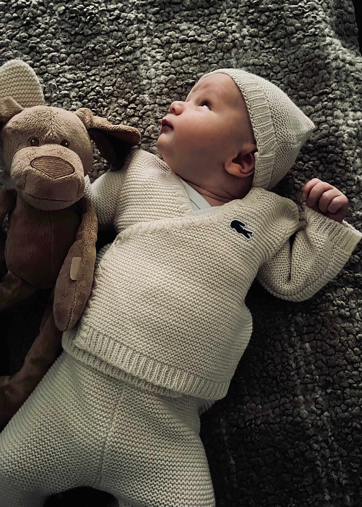 Sohan participe au concours pour gagner de l'argent avec cette photo : baby, knitted_clothing, hat, plush_toy, dog_toy, blanket, infant, laying_down, curious, soft_lighting, warm_tones, texture, cute, child, cozy, portrait, indoor, relaxing, small_hand, looking_up