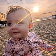 Nancy And Maggie joined the competition — help win amazing prizes! baby, child, face, sunlight, sunset, beach, sand, jacket, floral, outdoor, portrait, cute, person, smiling, nature, warm_light, happy, young, closeup, sky