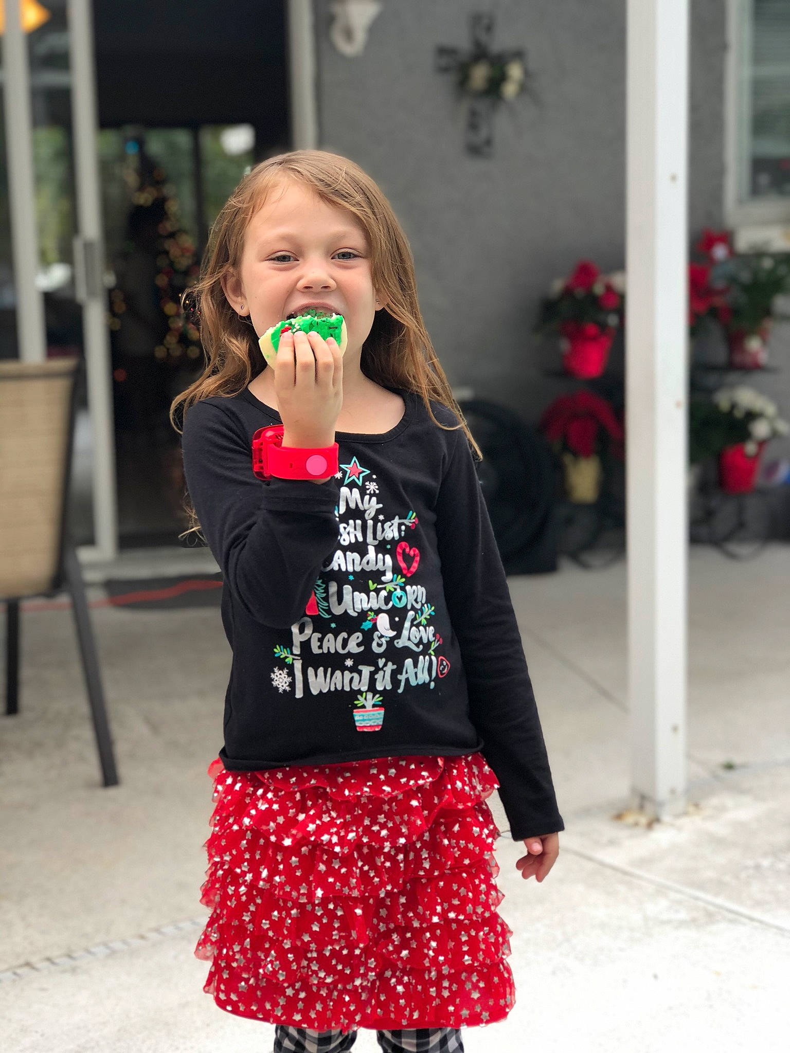 Nichole is registered to the contest to win money with this photo: child, child_model, clothing, design, dress, fashion, green, jacket, lip, outerwear, pattern, person, red, sleeve, street_fashion, style, t_shirt, tights, toddler, top