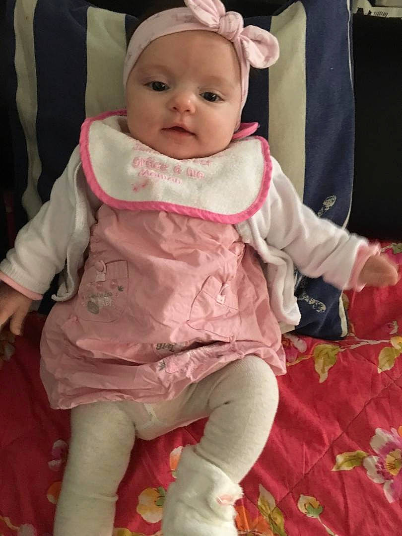 Lyliana participe au concours pour gagner de l'argent avec cette photo : child, girl, head, infant, person, pink, product, sitting, skin, smile, textile, toddler