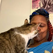 Lil Mama joined the competition — help win amazing prizes! affection, animal, blue_shirt, blur, candid, cat, closeup, face, feline, floral_pattern, hair_braids, home, indoor, interaction, kiss, love, person, pet, poster, wall_art