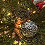 animal, blurred_background, cat, celebration, christmas, christmas_tree, closeup, curious, decoration, festive, greenery, holiday, indoor, lights, nature, ornament, pet, pine_needles, silver_ball, snowman_ornament