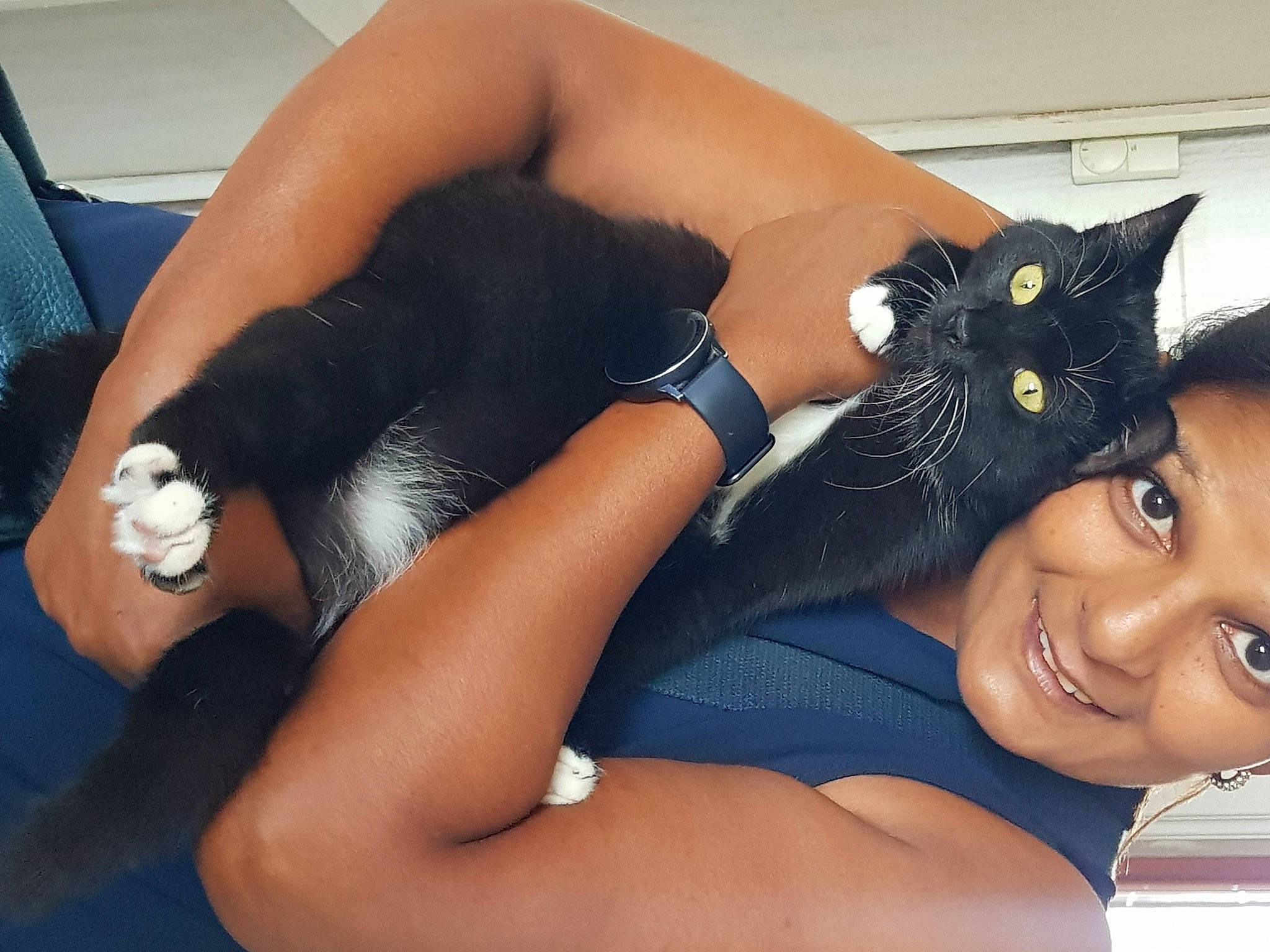 Chaussette participe au concours pour gagner de l'argent avec cette photo : black_hair, carnivore, cat, comfort, cool, felidae, finger, gesture, hand, human_body, joint, lap, leg, mammal, muscle, neck, organ, shoulder, smile, thigh