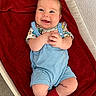 Kaysen joined the competition — help win amazing prizes! baby, child, infant, smiling, happy, portrait, lying_down, bassinet, blanket, red_blanket, blue_outfit, red_socks, colorful_clothing, baby_carriage, indoor, cozy, face, hands, feet, photography