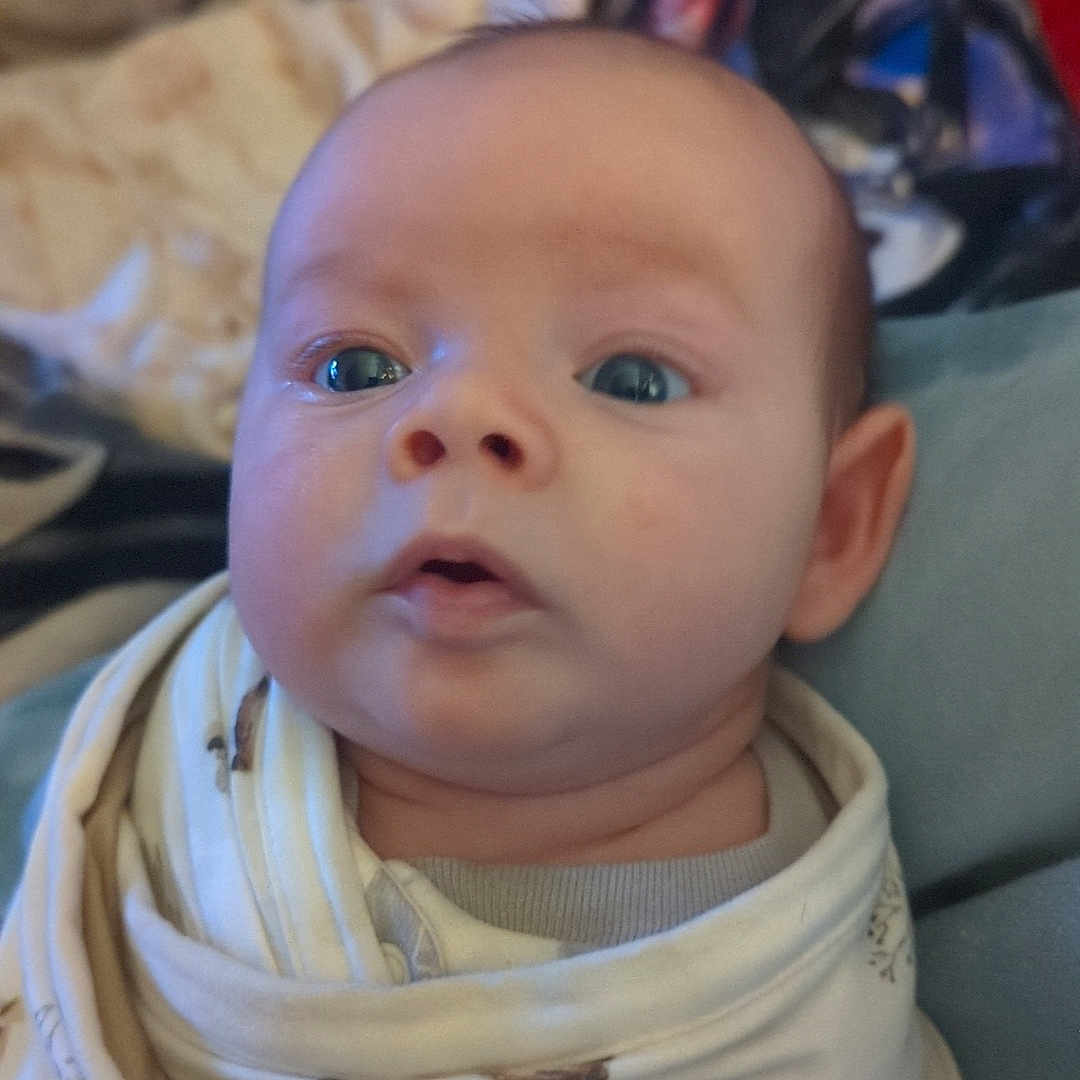 Emri joined the competition — help win amazing prizes! baby, blanket, blue_eyes, child, close_up, couch, cozy, curious, expression, face, head, indoors, infant, person, portrait, skin, soft, swaddled, wrapped, young