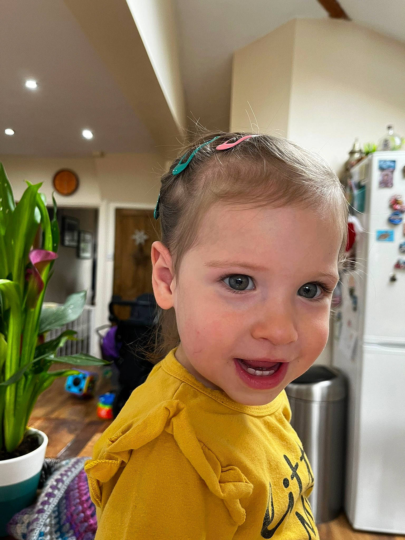 Olivia is registered to the contest to win money with this photo: blond, child, ear, event, facial_expression, fashion_accessory, flowerpot, fun, happy, headband, headpiece, home_appliance, houseplant, iris, joy, kitchen_appliance, neck, person, plant, refrigerator