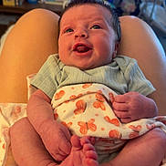 Oakley is registered to the contest to win money with this photo: baby, blanket, butterfly_pattern, clothing, comfort, cozy, curious, expression, feet, furniture, hands, indoor, infant, lap, legs, natural_light, person, room, skin, soft_texture