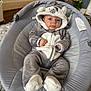baby, infant, onesie, animal_costume, baby_seat, gray, white, plush, cute, indoors, carpet, plant, decor, face, portrait, clothing, child, cozy, relaxed, young