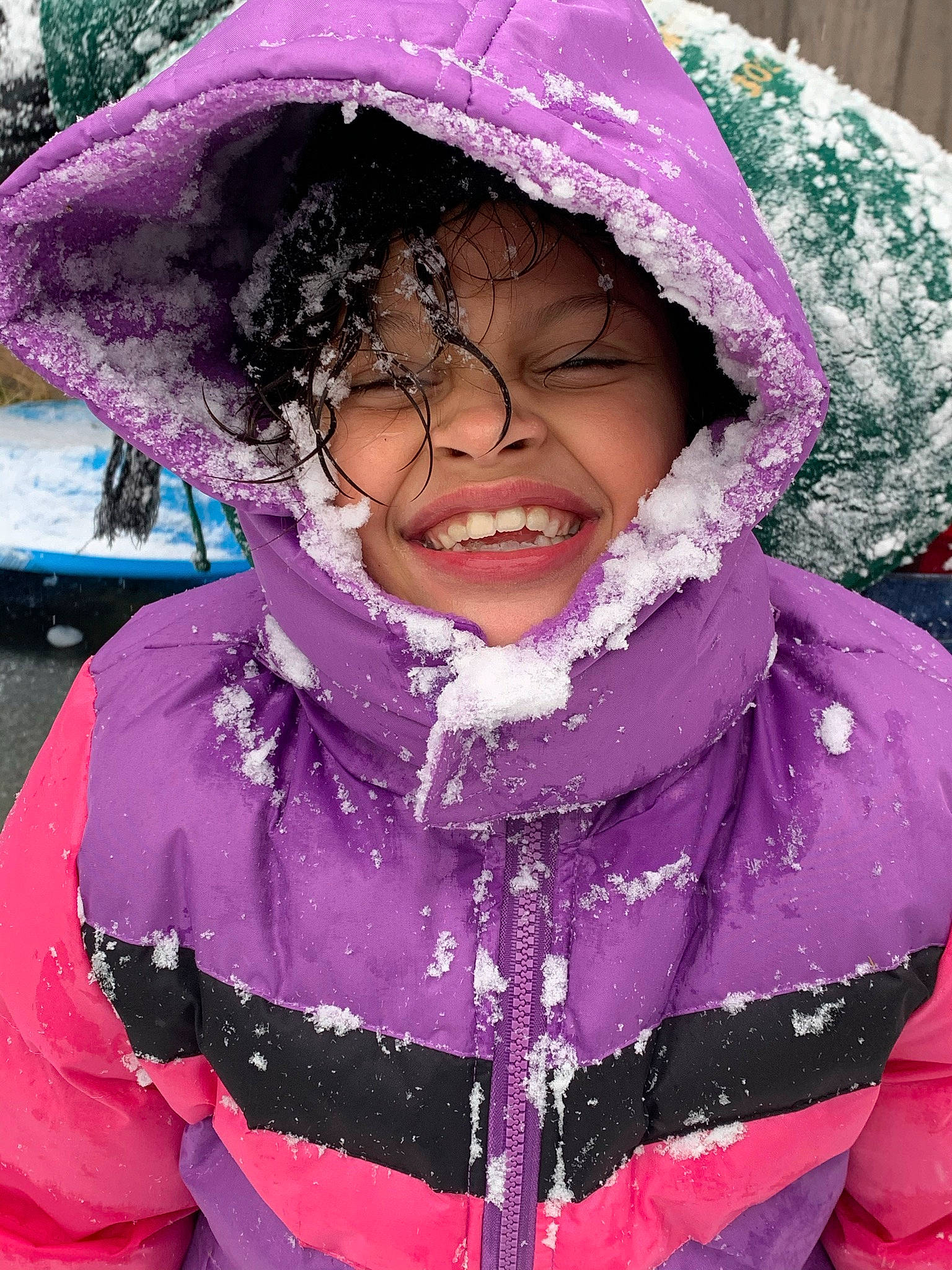 Giana is registered to the contest to win money with this photo: beauty, black, black_hair, blue, cheek, eyelash, happy, headgear, headwear, jacket, joy, magenta, person, photograph, pink, plant, purple, sleeve, smile, snow