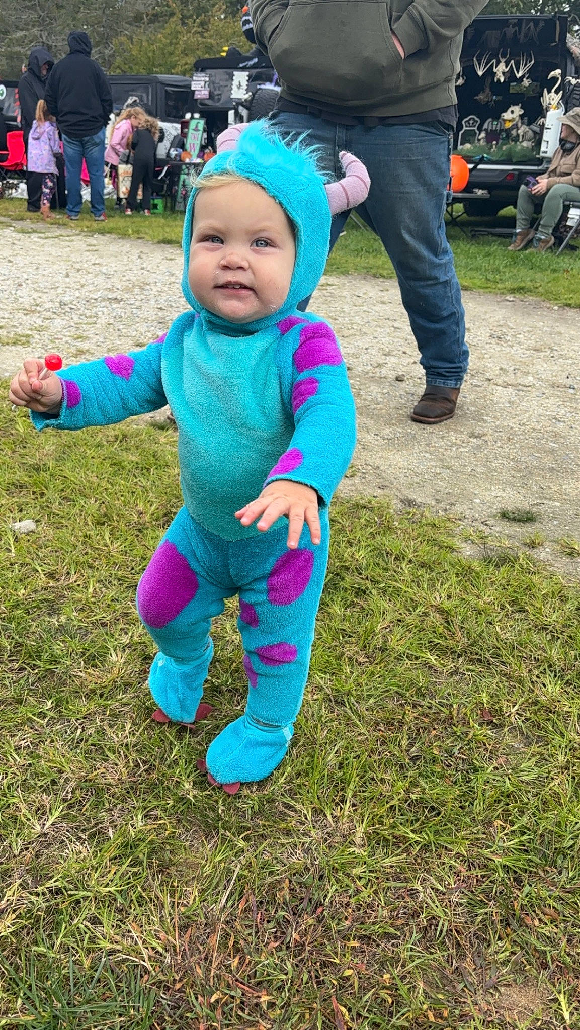Leighton joined the competition — help win amazing prizes! baby, baby_toddler_clothing, child, electric_blue, facial_expression, fun, grass, happy, hat, headwear, jacket, lawn, leaf, leg, leisure, people_in_nature, person, plant, recreation, smile