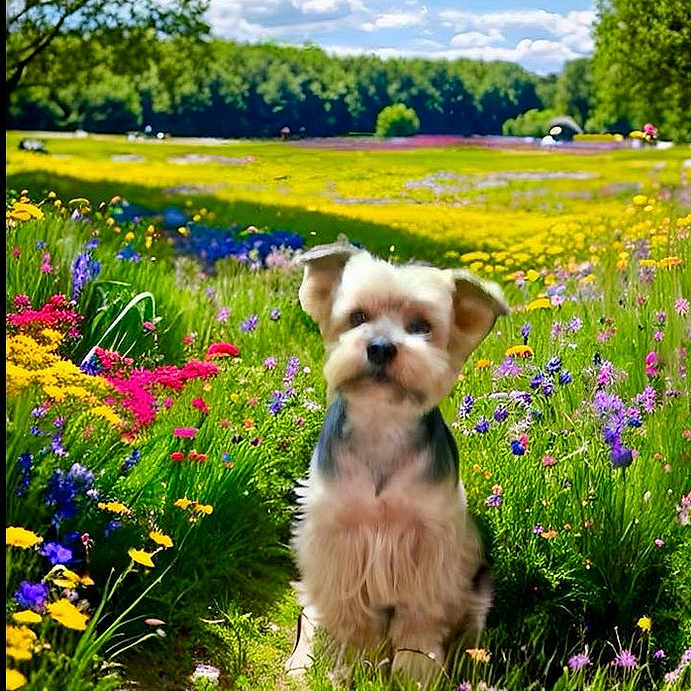 Eden participe au concours pour gagner de l'argent avec cette photo : animal, blue_sky, cloud, colorful, cute, dog, flower, fluffy, grass, greenery, meadow, nature, outdoor, path, pet, small_dog, summer, sunlight, tree, wildflower