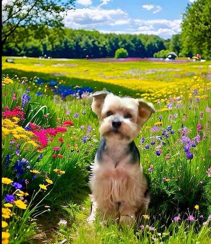 Eden participe au concours pour gagner de l'argent avec cette photo : dog, flower, wildflower, meadow, grass, nature, outdoor, blue_sky, cloud, greenery, small_dog, cute, fluffy, sunlight, colorful, path, tree, summer, pet, animal