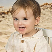 Levi joined the competition — help win amazing prizes! toddler, child, smile, face, eyes, shirt, button, chair, beach, sand, portrait, happy, cute, blond_hair, short_hair, indoor, baby, clothing, person, young_child