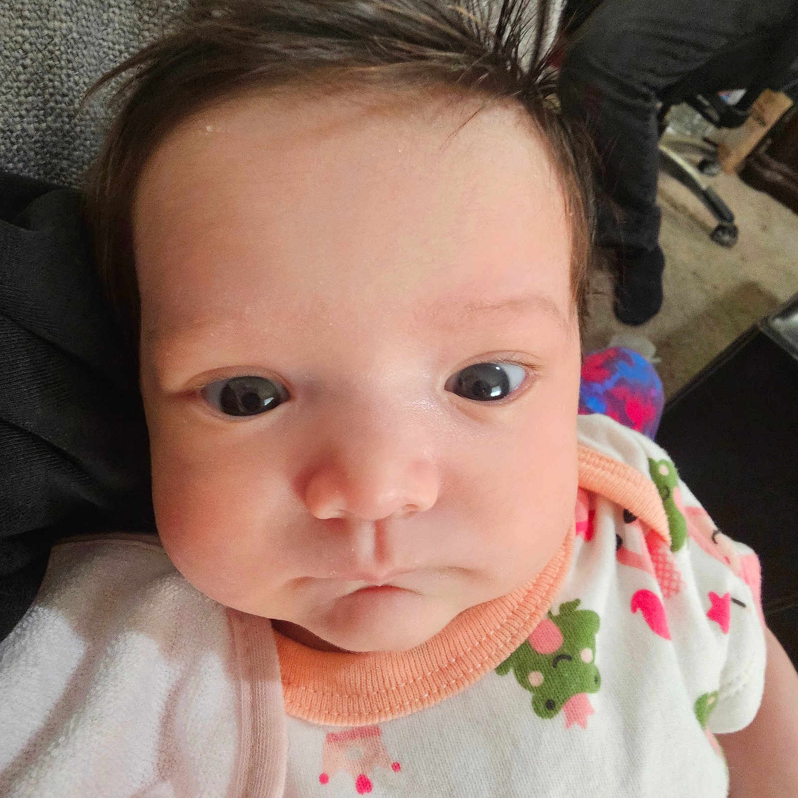 Arya is registered to the contest to win money with this photo: baby, carpet, child, closeup, clothing, cute, expression, eyes, face, furniture, hair, head, indoor, infant, onesie, person, portrait, pout, skin, toddler