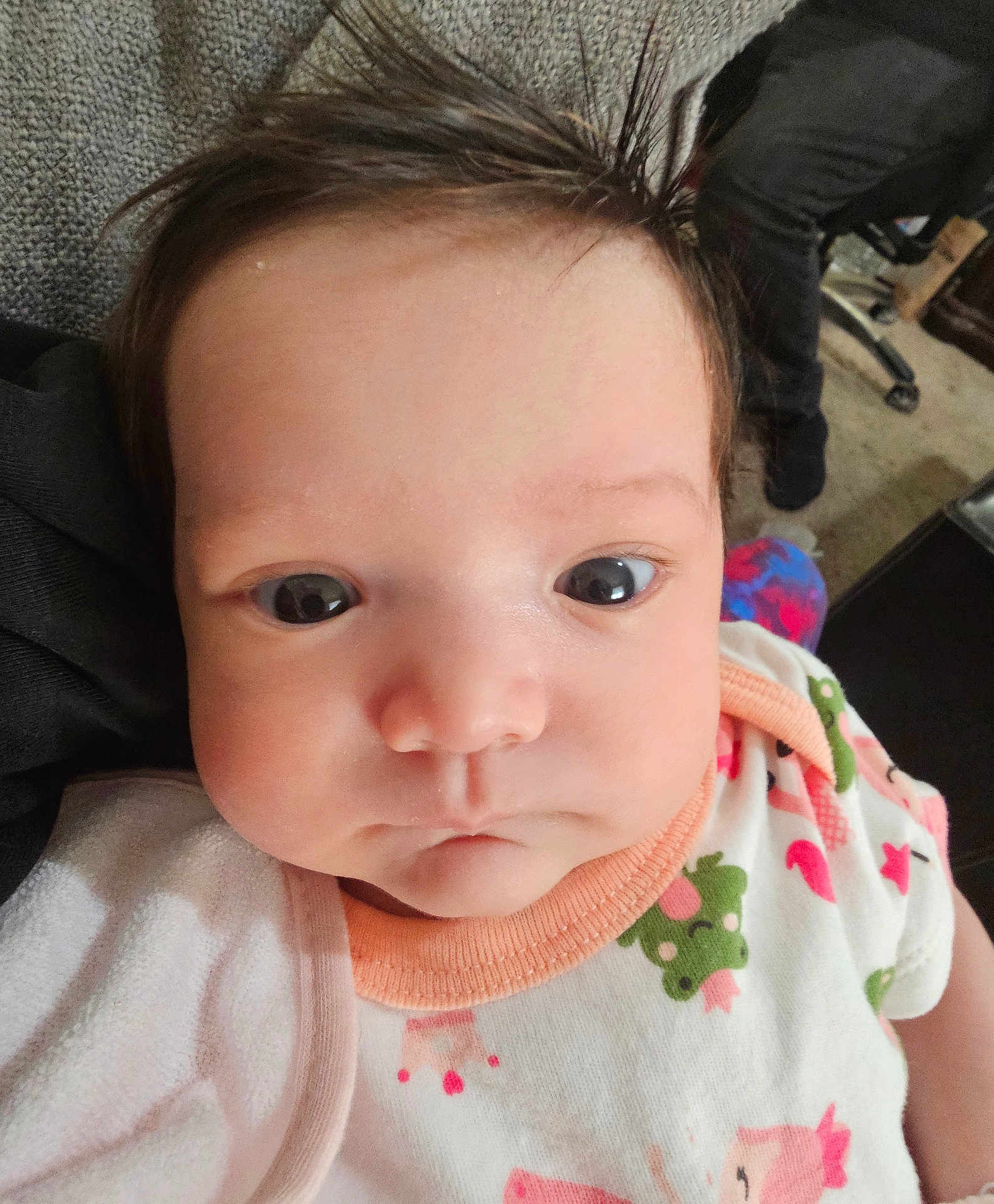 Arya is registered to the contest to win money with this photo: baby, infant, closeup, face, eyes, onesie, clothing, expression, hair, pout, person, carpet, furniture, indoor, child, cute, skin, head, portrait, toddler