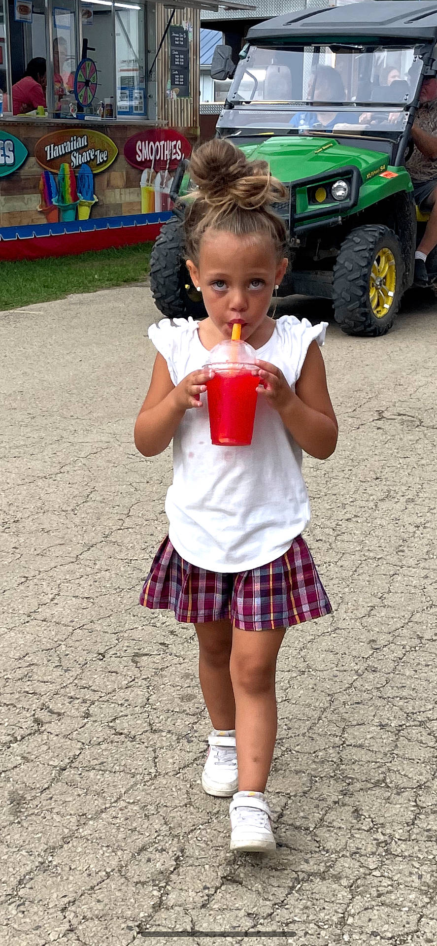Ariyah joined the competition — help win amazing prizes! car, child, clothing, cream, cup, dessert, disposablecup, face, female, food, girl, head, icecream, person, photography, portrait, shorts, skirt, transportation, vehicle