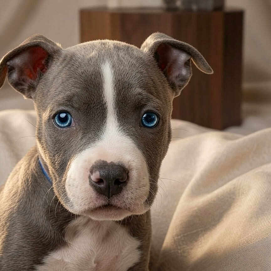 Buddie a rejoint le concours — aidez-le/la à gagner de superbes lots ! puppy, dog, blue_eyes, close_up, pet, cute, animal, young_dog, fur, ears, nose, indoors, blanket, portrait, soft_light, background_blur, canine, companion, domestic_animal, sitting