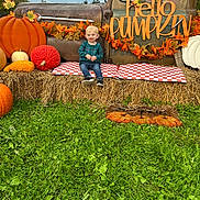 Raelynn is registered to the contest to win money with this photo: child, toddler, smiling, outdoor, pumpkin, pumpkin_patch, autumn, fall, hay_bale, vintage_truck, rustic, harvest, orange, leaves, decorations, plaid, seated, grass, portrait, seasonal