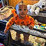 baby, child, playpen, toy, stuffed_animal, orange_sweater, indoor, wood_paneling, curious, standing, infant, face, hand, floor, plush_toy, colorful_toys, closeup, expression, home, cute