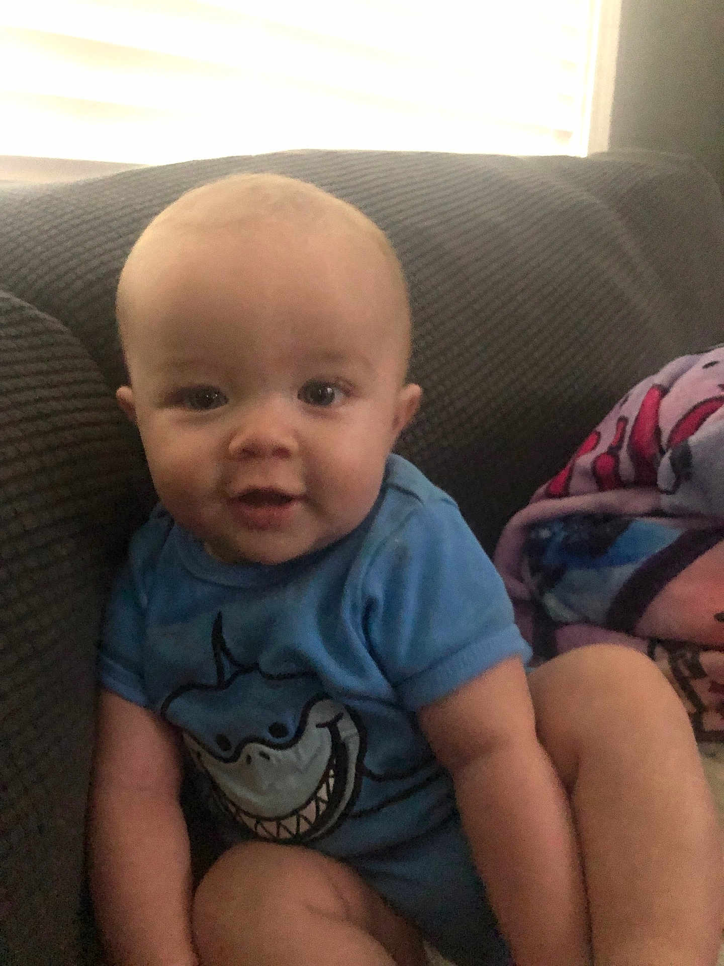 Colsan Ray joined the competition — help win amazing prizes! baby, child, smiling, blue_onesie, shark_design, couch, indoor, window_light, blanket, happy, infant, person, seated, cute, portrait, home, soft_light, funny_clothing, young_child, cozy