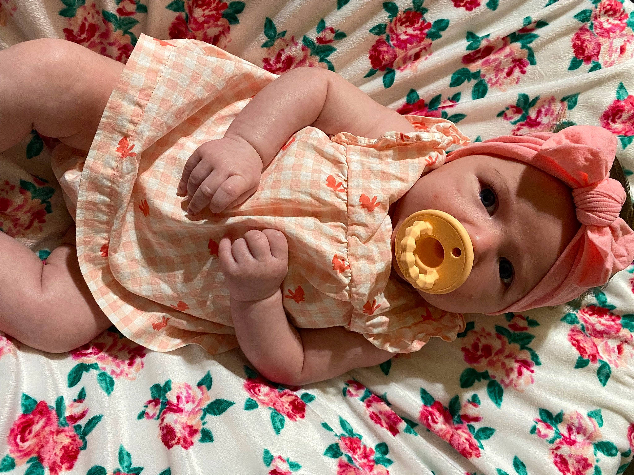 Alaina joined the competition — help win amazing prizes! baby, baby_products, baby_toddler_clothing, cheek, child, comfort, dress, eye, hat, head, headwear, linens, nail, pattern, peach, person, pink, room, skin, sleeve