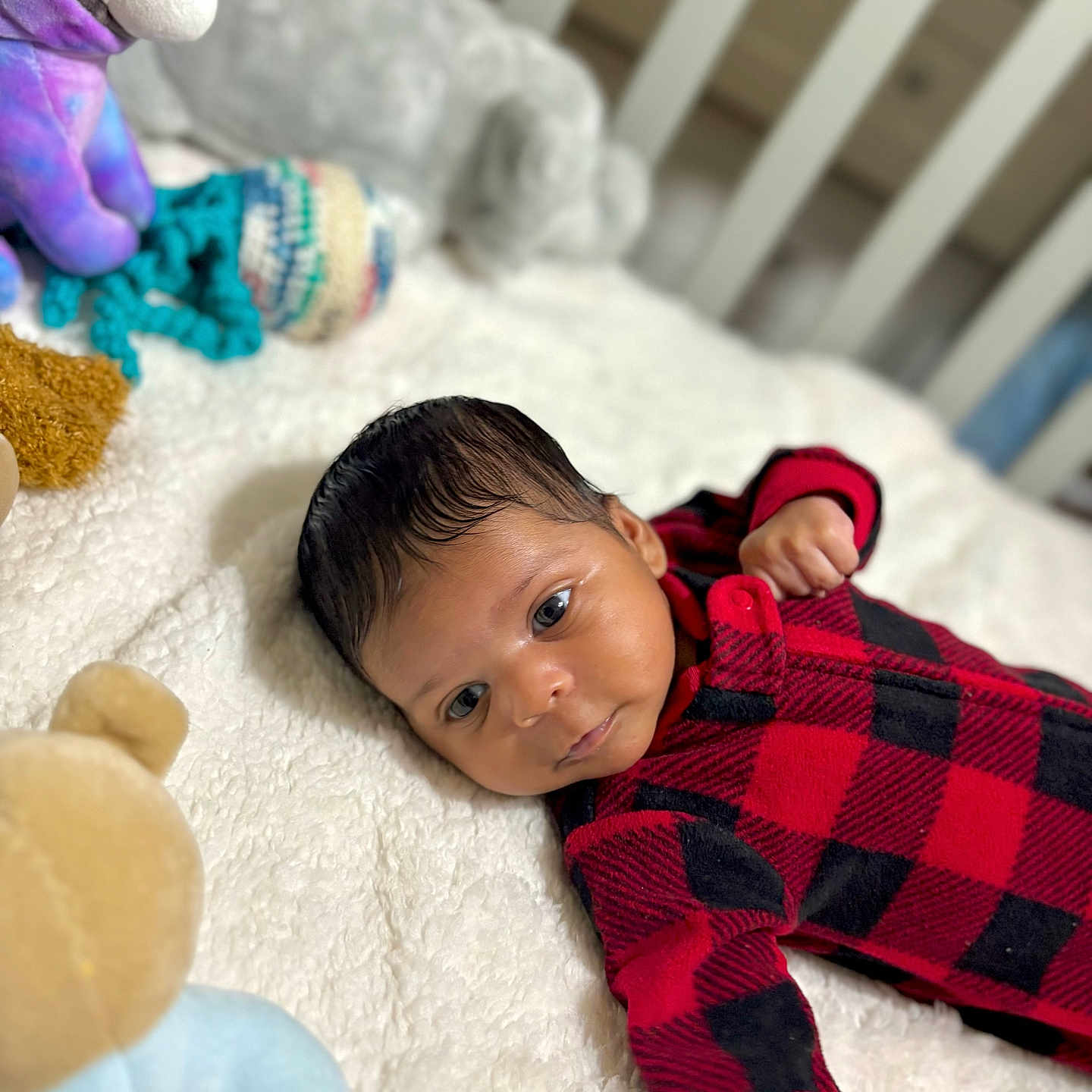 Jheyler joined the competition — help win amazing prizes! baby, bedroom, black_clothing, blanket, checkered_pattern, child, cozy, crib, cute, face, indoors, infant, lying_down, newborn, plush_toy, portrait, red_clothing, resting, soft_toys, stuffed_animal