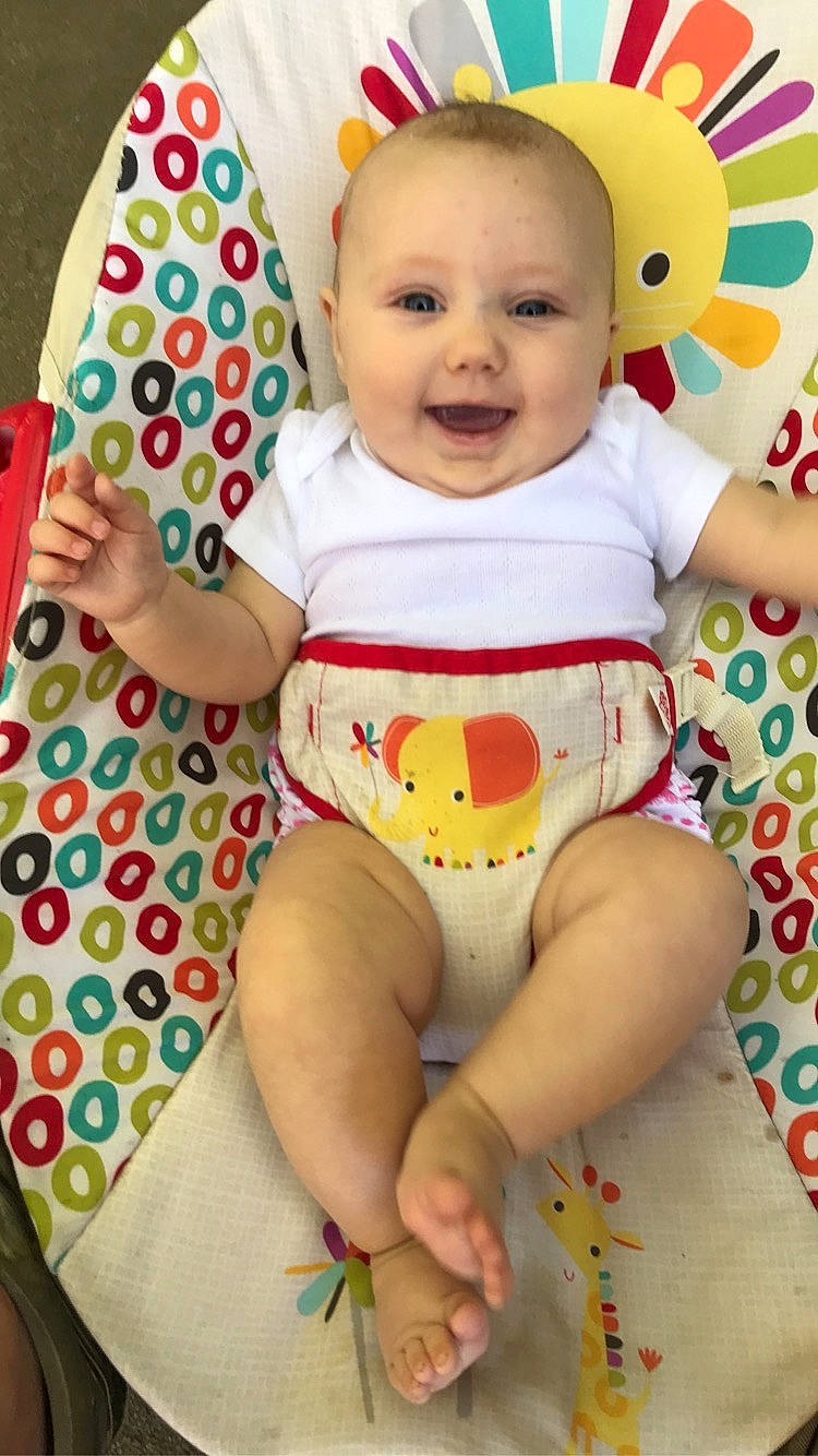 Addilynn joined the competition — help win amazing prizes! baby, baby_toddler_clothing, cheek, child, event, face, facial_expression, happy, head, joy, pattern, people, person, play, product, sitting, skin, sleeve, smile, t_shirt