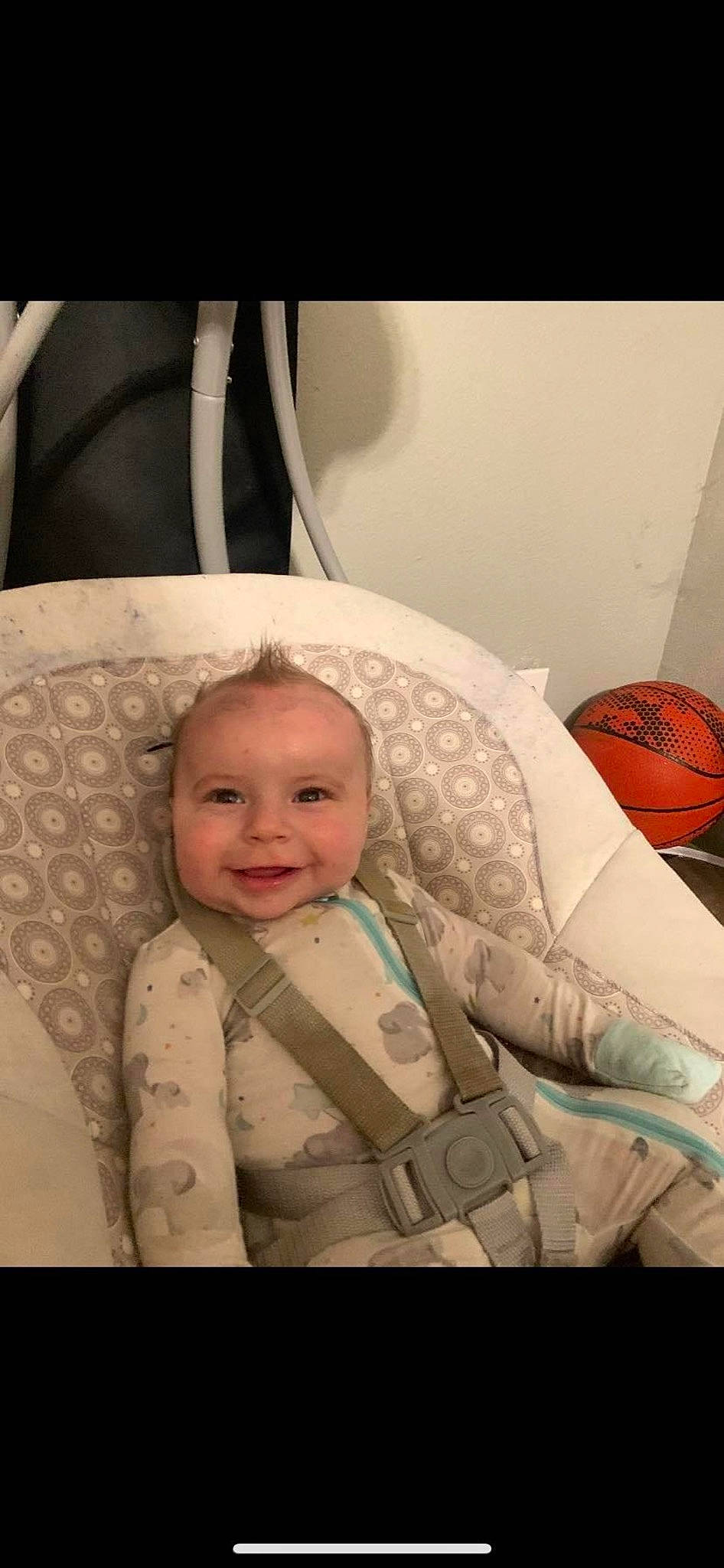 Greyson joined the competition — help win amazing prizes! baby, baby_laughing, baby_products, baby_toddler_clothing, ball, cheek, child, comfort, fun, happy, human_body, infant_bed, joy, linens, monochrome_photography, mouth, nose, person, room, sitting