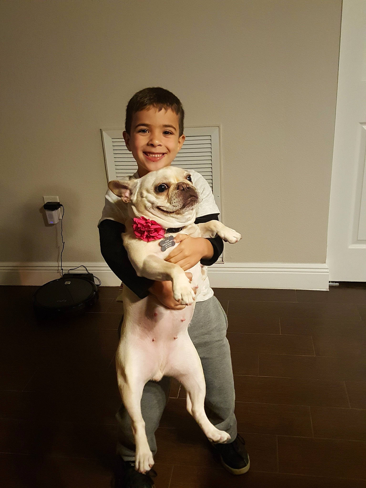 Lucas is registered to the contest to win money with this photo: carnivoran, child, dog, dog_like_mammal, fun, girl, joy, mammal, person, sitting, skin, smile, standing, toddler, vertebrate, white