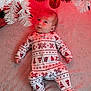 baby, infant, onesie, christmas_tree, ornament, holiday, blanket, festive, red_lighting, white_tree, patterned_clothing, lying_down, cute, indoor, child, face, decorations, seasonal, celebration, newborn