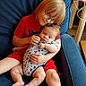 armchair, baby, bare_feet, blond_hair, blue_chair, brown_hair, child, cuddling, glasses, holding_baby, home, indoor, infant, mickey_mouse, portrait, red_clothing, siblings, sitting, smiling, 抱抱