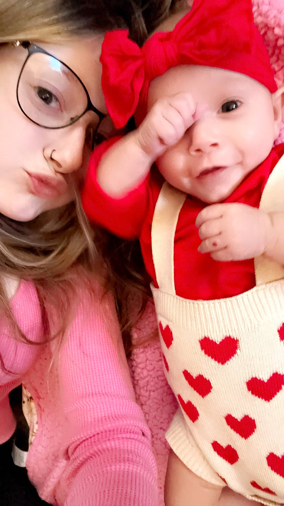 Octavia joined the competition — help win amazing prizes! arm, baby_toddler_clothing, cheek, clothing, eye, face, facial_expression, glasses, hand, happy, head, headwear, lip, mouth, organ, person, pink, skin, sleeve, smile