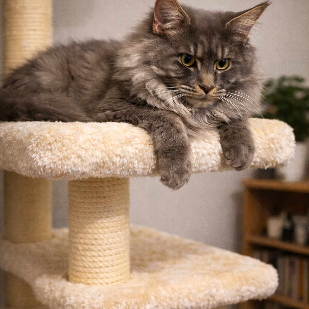Miloo a rejoint le concours — aidez-le/la à gagner de superbes lots ! animal, carpeted, cat, cat_tree, cozy, domestic, ears, eyes, feline, fluffy, furniture, gray_cat, home, indoor, mammal, paws, pet, relaxed, sitting, whiskers