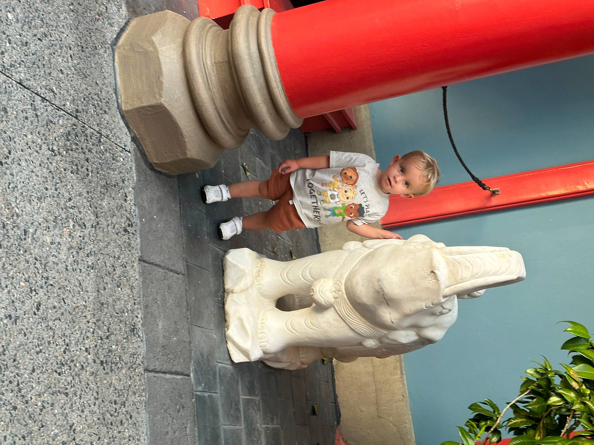 Carter joined the competition — help win amazing prizes! concrete, leisure, line, person, pipe, plant, sculpture, smile, statue, toddler, tree, walking_shoe
