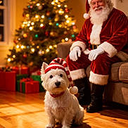 Mia Bella joined the competition — help win amazing prizes! dog, westie, white_dog, christmas_hat, holiday, santa_claus, christmas_tree, presents, decorations, living_room, couch, wooden_floor, festive, smiling, beard, red_suit, white_gloves, cozy, indoor, warm_lighting