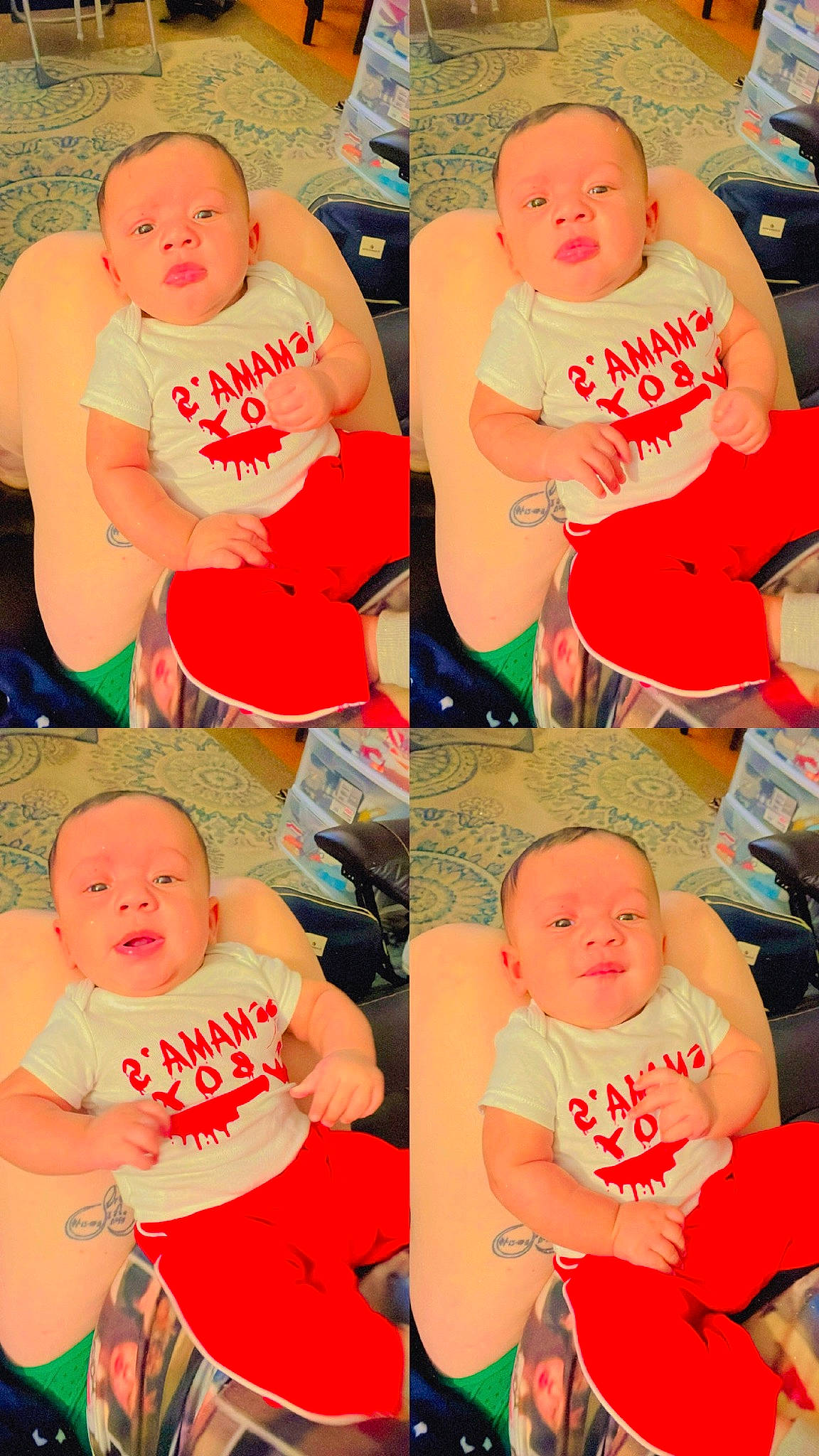 Kayson is registered to the contest to win money with this photo: arm, baby, blue, cheek, child, face, facial_expression, gesture, green, happy, human, mouth, muscle, people, person, photograph, pink, product, red, toddler