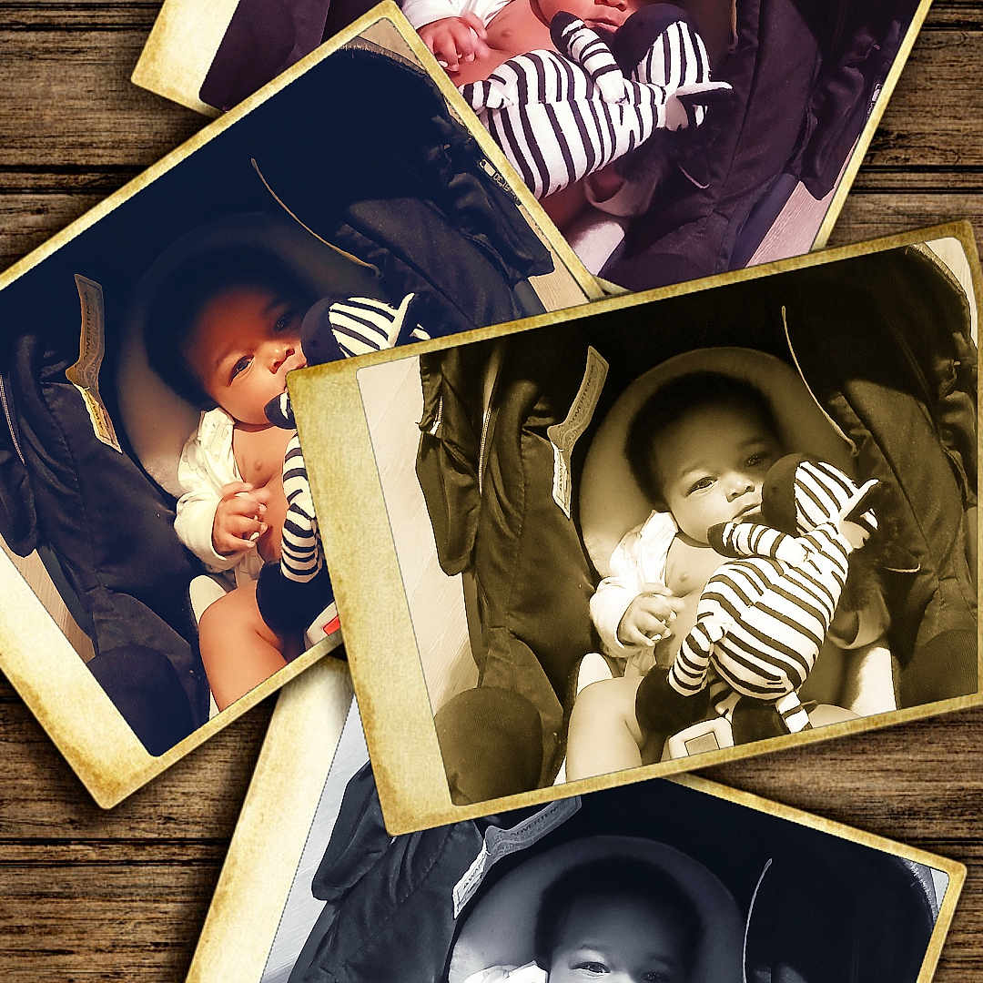 Ma-Kai joined the competition — help win amazing prizes! baby, black_clothing, car_seat, child, closeup, collage, cute, indoor, infant, nostalgic, photography, plush_toy, portrait, seat_belt, smiling, toy, vintage_photo, white_clothing, wooden_background, zebra_toy