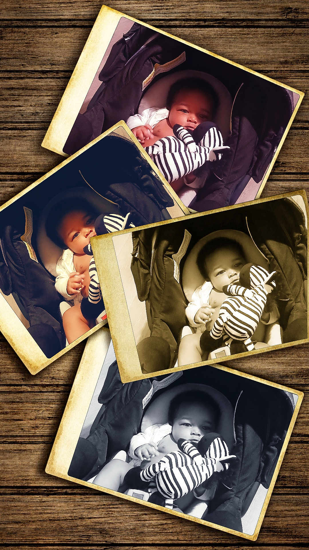 Ma-Kai joined the competition — help win amazing prizes! baby, black_clothing, car_seat, child, closeup, collage, cute, indoor, infant, nostalgic, photography, plush_toy, portrait, seat_belt, smiling, toy, vintage_photo, white_clothing, wooden_background, zebra_toy